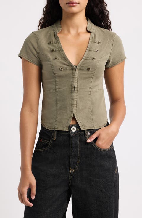 Milo Military Button Trim Linen Blend Crop Top