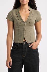 BDG Urban Outfitters Milo Military Button Trim Linen Blend Crop Top