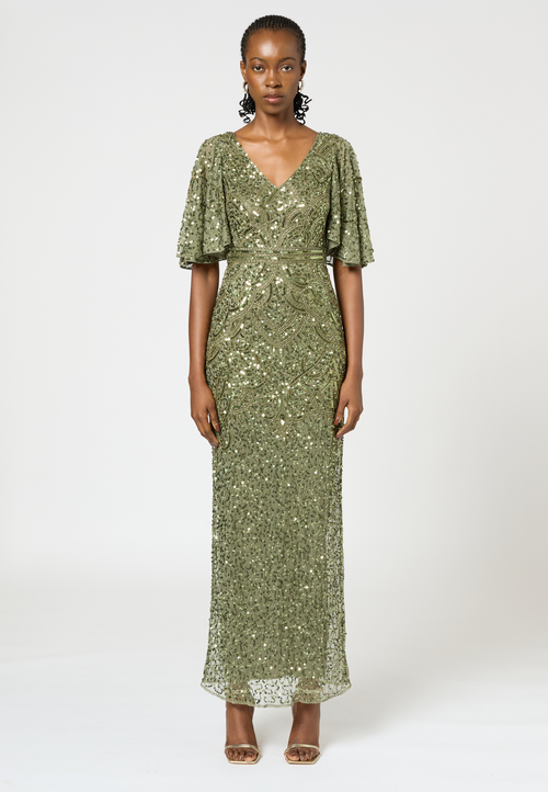 Beauut Embellished Sequin Beaded V Neck With Shor Sleeves Dress In Olive