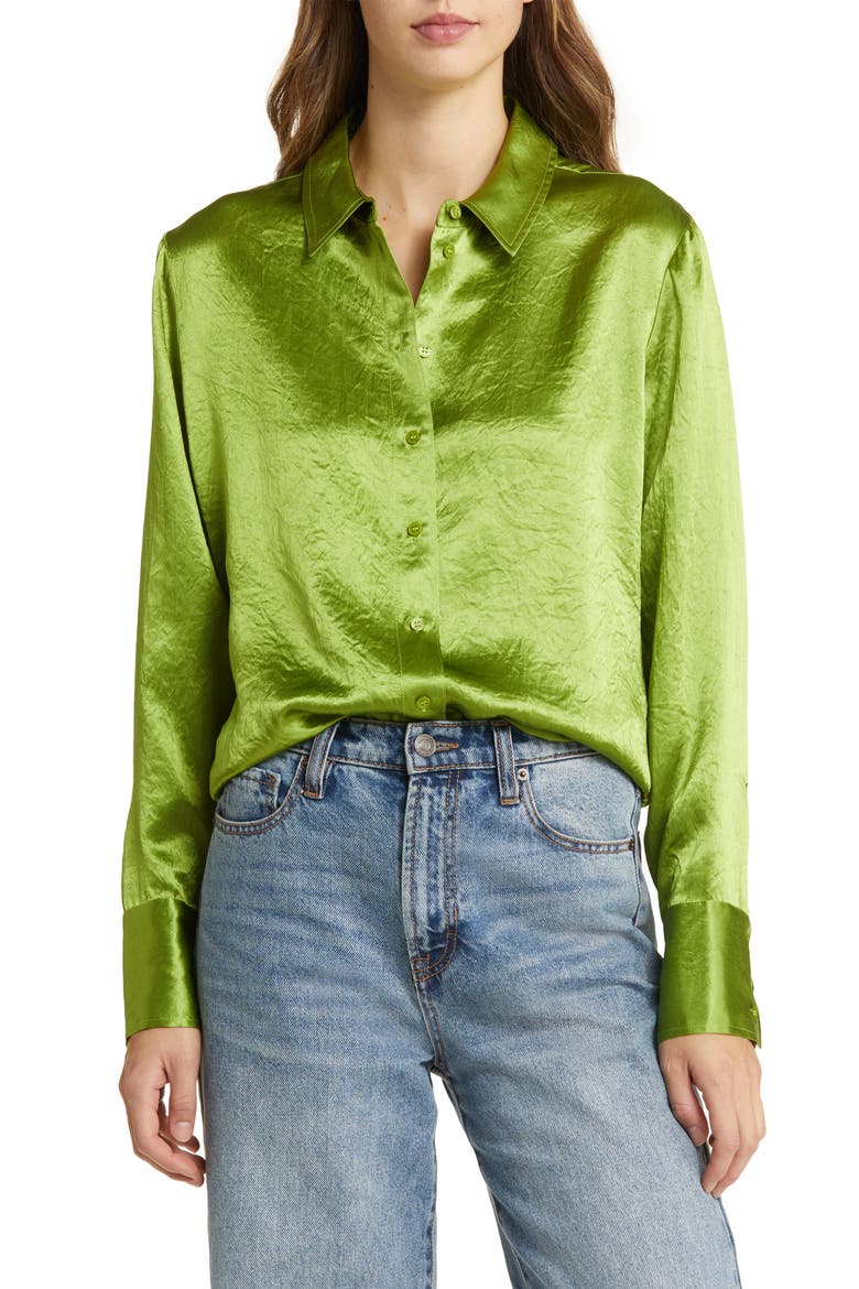 Hammered Satin Button-Up Shirt, Main, color, OLIVE BEAN