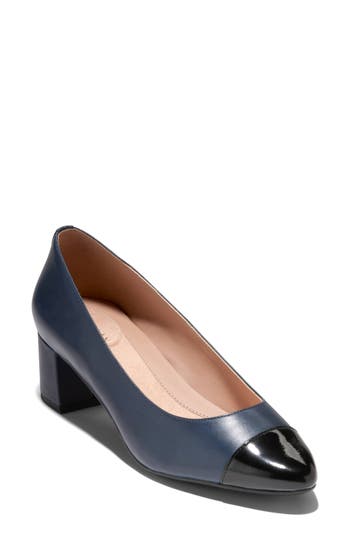 Cole Haan The Go-to Waterproof Block Heel Pump In Navy Blazer/black Patent