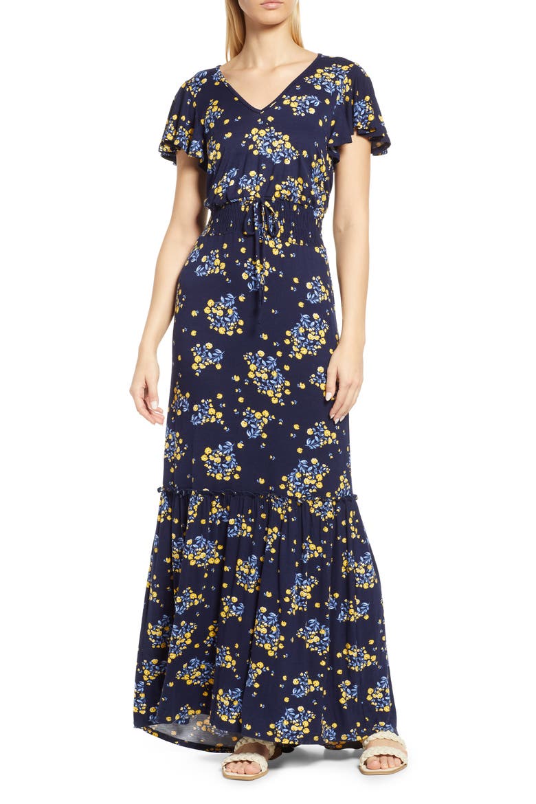 Floral Smock Waist Knit Maxi, Main, color, NAVY