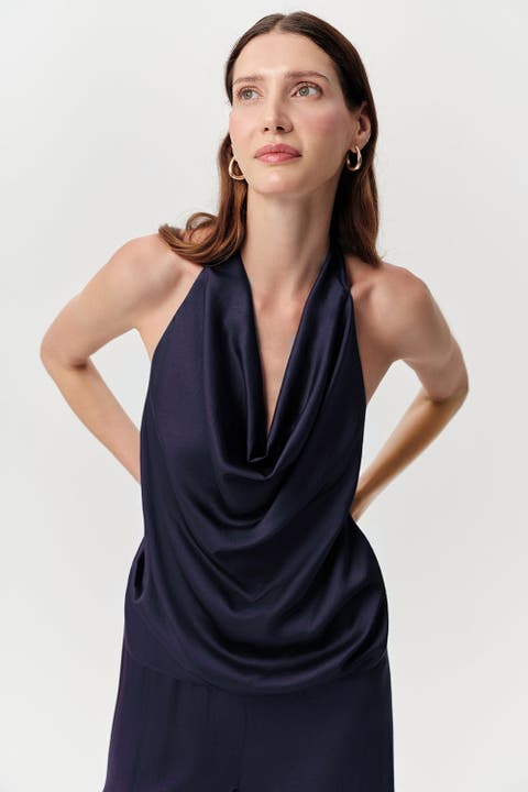 Tasha Cowl Neck Halter Tie Satin Blouse