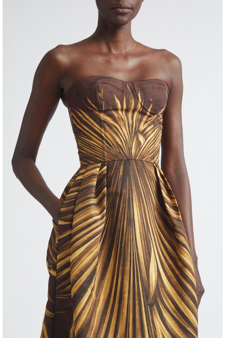 Palm Print Strapless Faille Dress, Alternate, color, BROWN/ BROWN