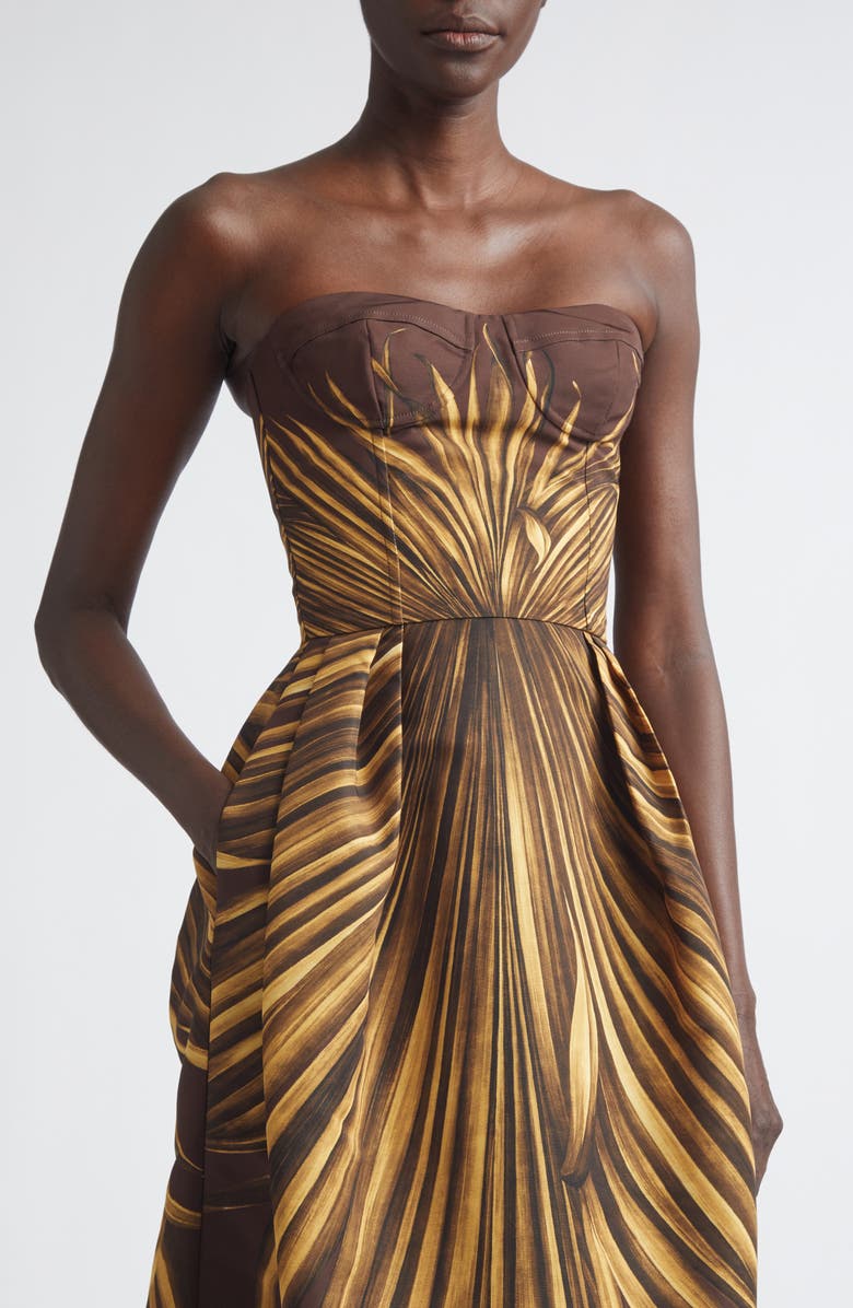 Oscar de la Renta Palm Print Strapless Faille Dress, Alternate, color, Brown/ Brown