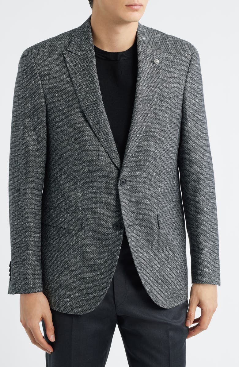 AllSaints Rawdon Slim Fit Black Mélange Wool & Linen Peak Lapel Sport Coat, Alternate, color, Black White