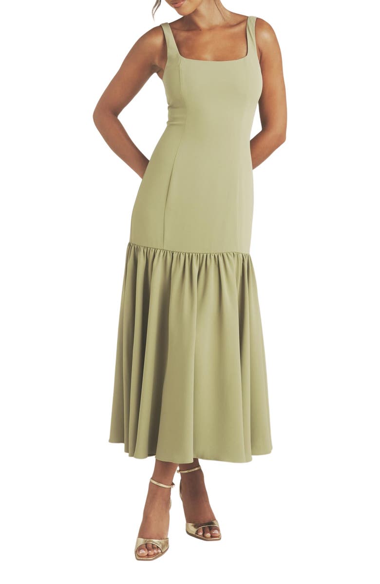 Six Stories Square Neck Drop Hem Midi Dress, Alternate, color, 