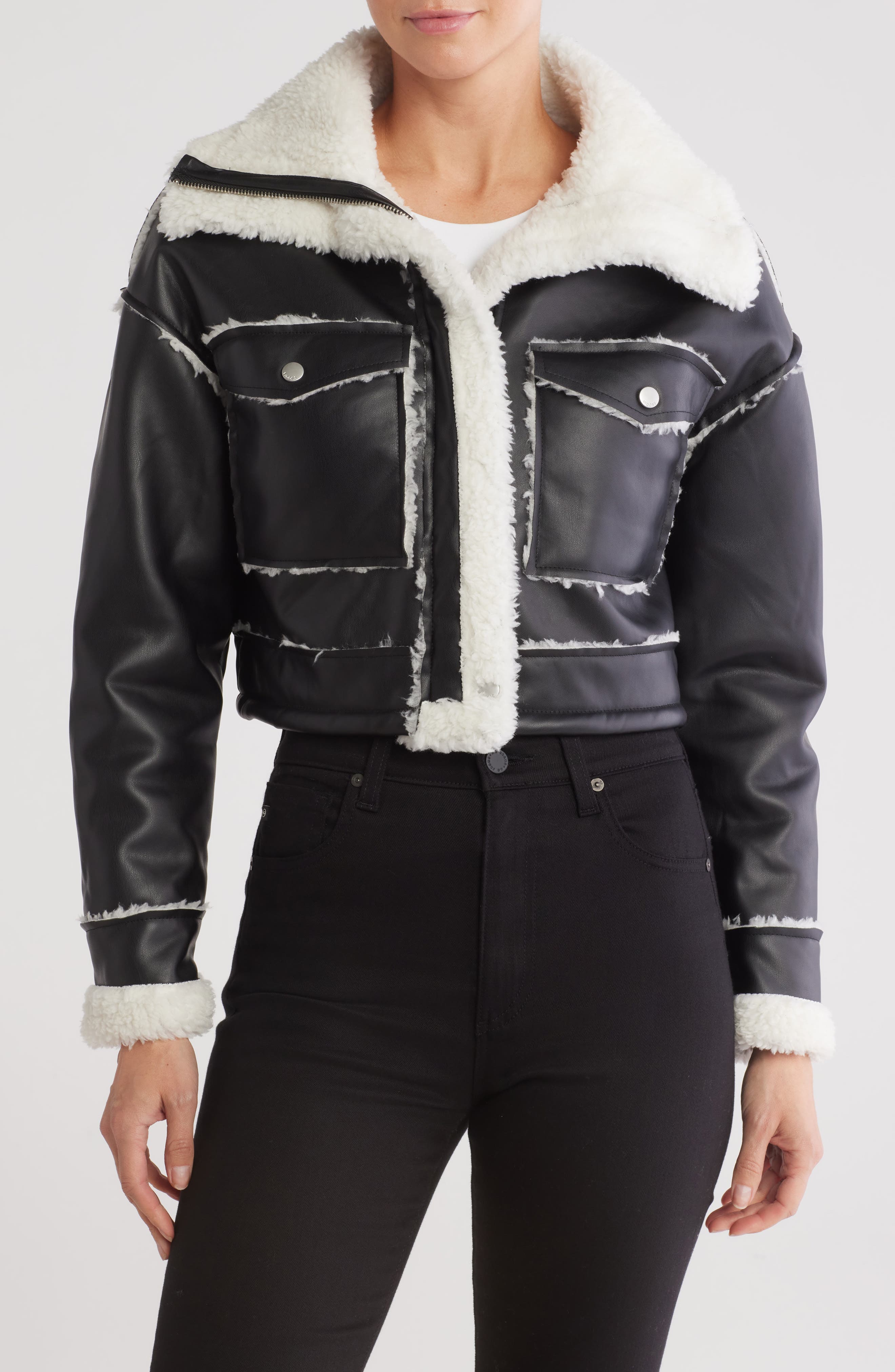 Vigoss Faux Shearling Lined Faux Leather Crop Jacket