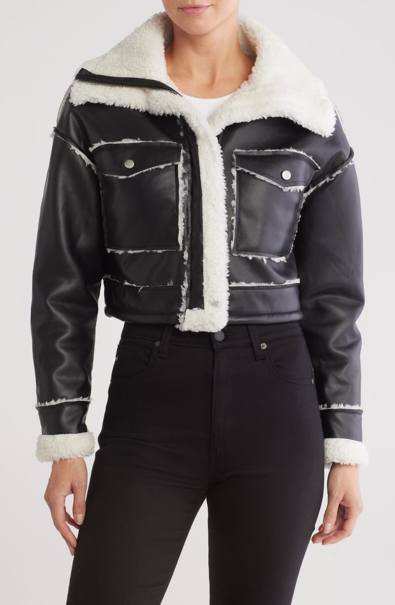 Vigoss Faux Shearling Lined Faux Leather Crop Jacket, Main, color,