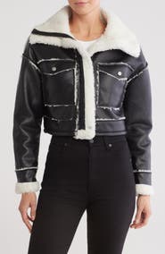 Vigoss Faux Shearling Lined Faux Leather Crop Jacket