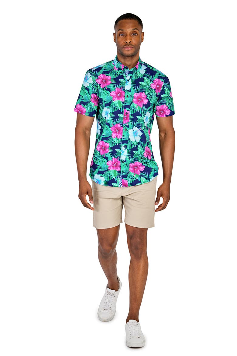 Slim Fit Large Hibiscus Recycled 4-Way Stretch Performance Short Sleeve Shirt, Alternate, color, MULTI