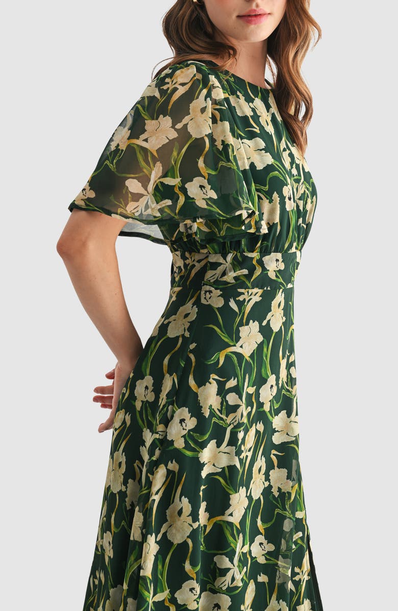 Lush Floral Short Sleeve Chiffon Midi Dress, Alternate, color, Green Floral