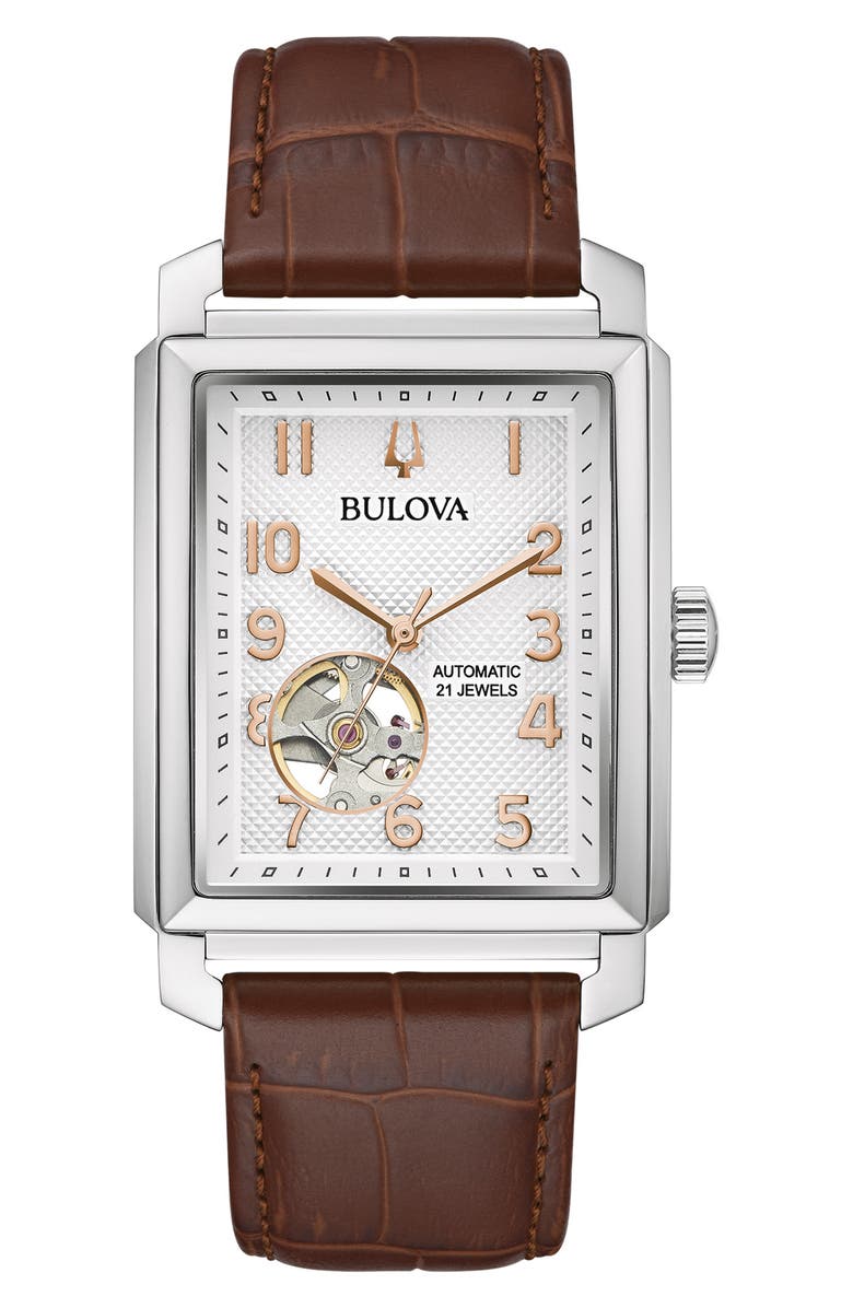 BULOVA Sutton Automatic Leather Strap Watch, 33mm, Main, color, Silver-Tone