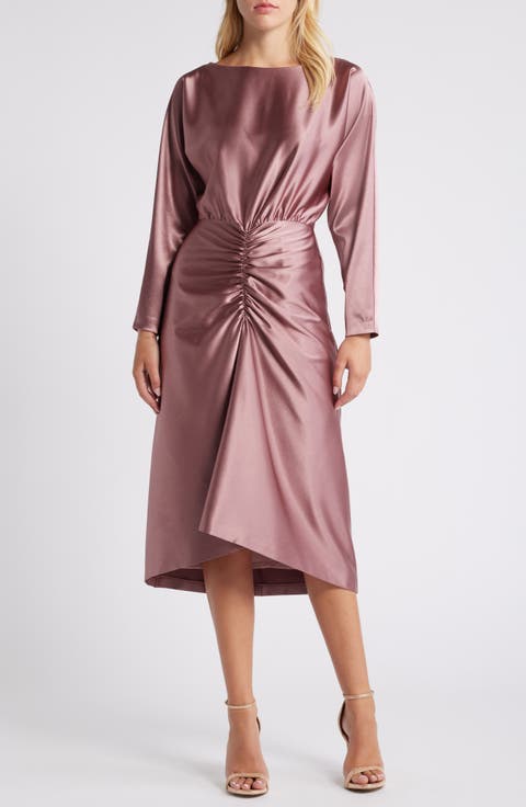 Long Sleeve Satin Cocktail Midi Dress