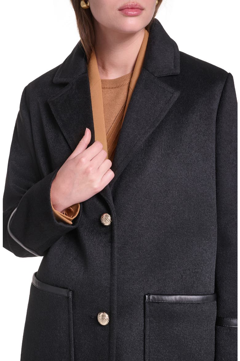 Single Breasted Coat with Faux Leather Trim, Alternate, color, BLACK