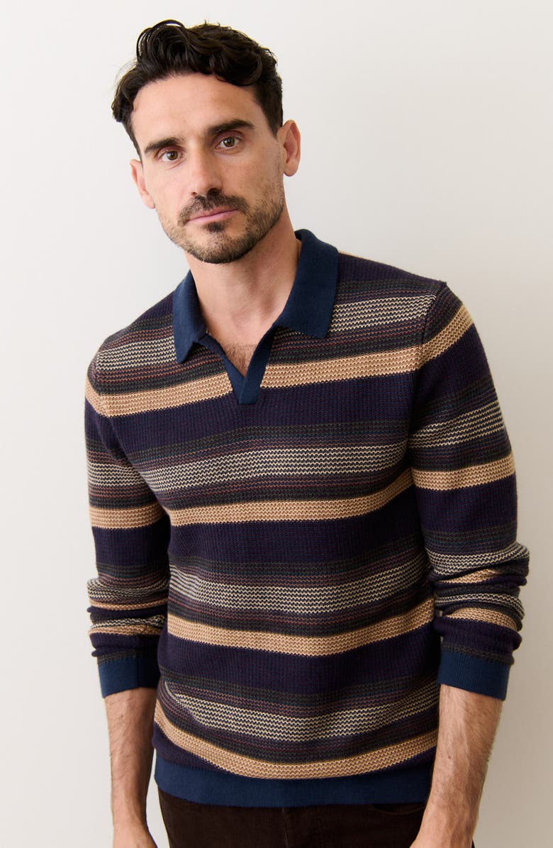 Marine Layer Liam Johnny Collar Long Sleeve Sweater Polo, Alternate, color, Warm Multi Stripe