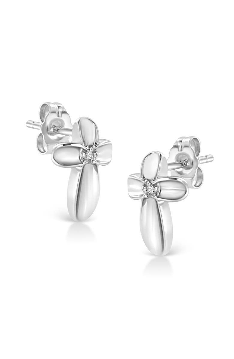 Haus of Brilliance Silver Prong Diamond Accent Floral Cross Stud Earring, Alternate, color, White