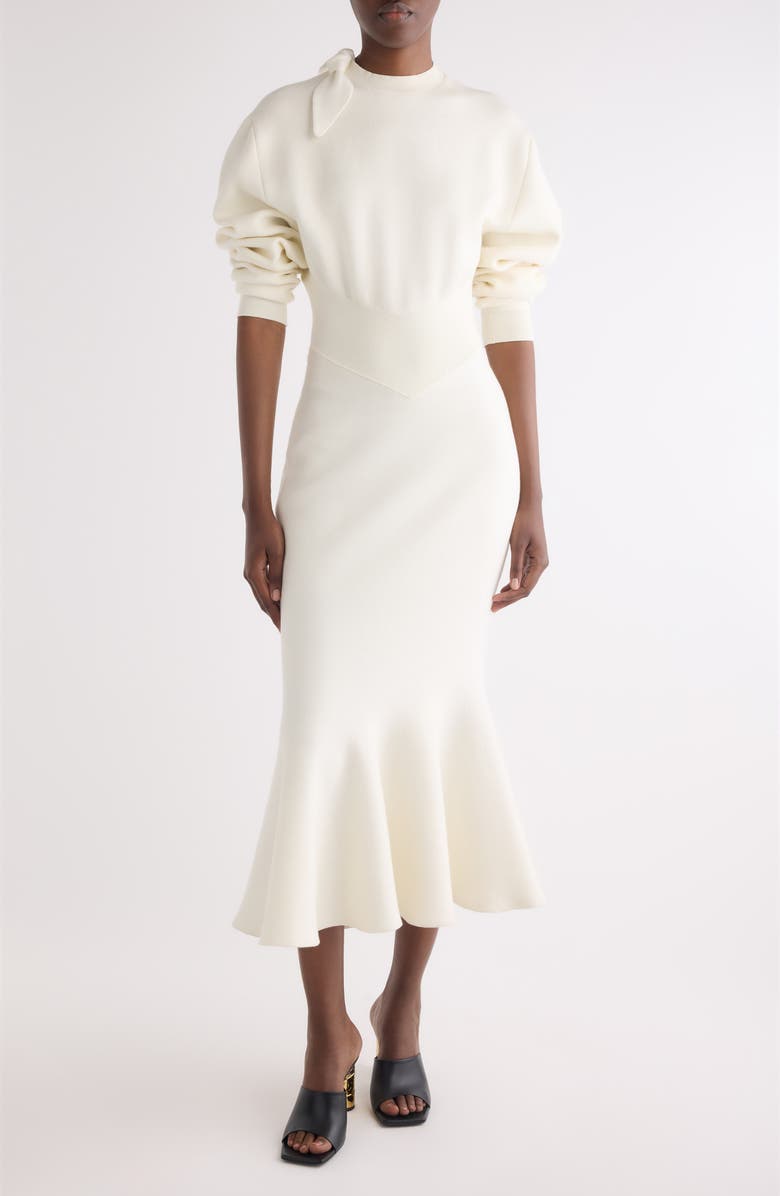 Givenchy Long Sleeve Bow Wool & Cotton Blend Trumpet Sweater Dress, Main, color, Ivory