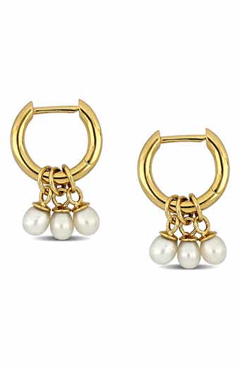 DELMAR Cultured Freshwater Pearl Drop Huggie Hoop Earrings