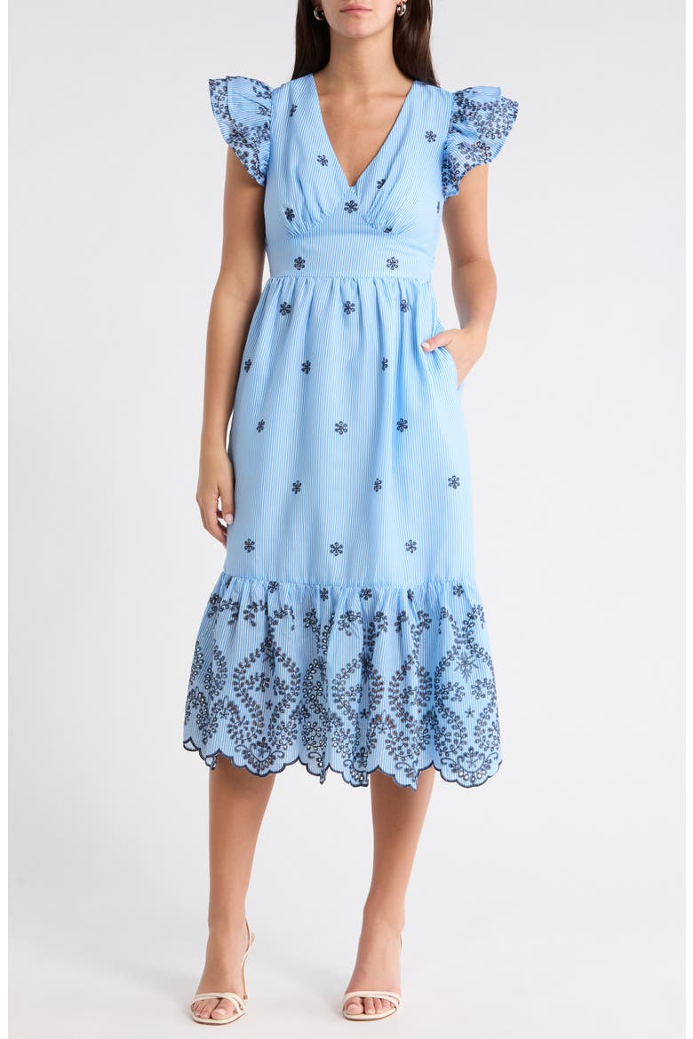 Joliet Stripe Eyelet Zayla Midi Dress, Main, color, BLUE-WHITE