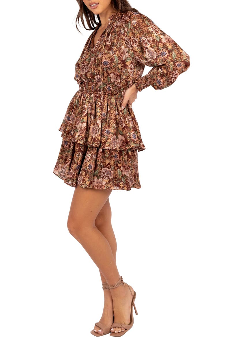 Petal & Pup Alby Floral Long Sleeve Tiered Minidress, Main, color, Chocolate Brown