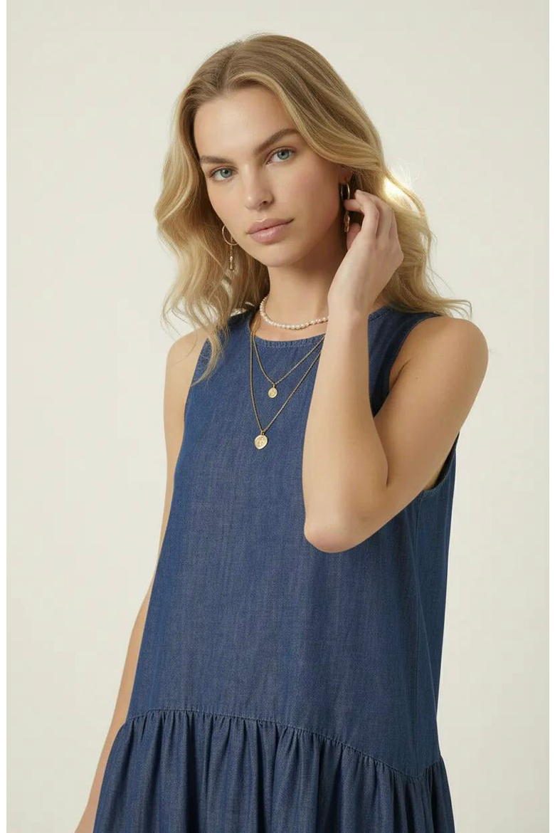 Sleeveless Drop-Waist Gathered Relaxed-Fit Midi Dress, Alternate, color, Blue