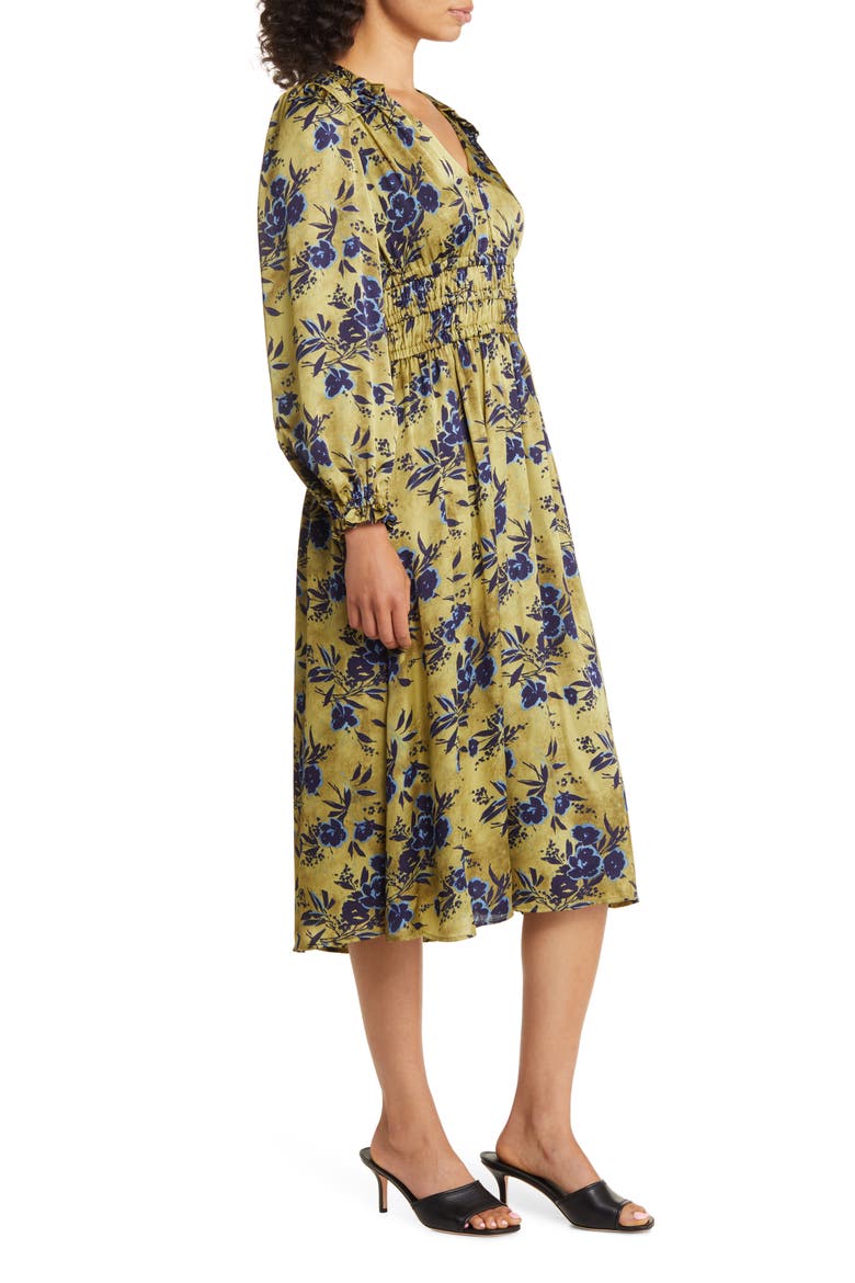 Floral Print Long Sleeve Shirred Midi Dress, Alternate, color, YELLOW MULTI