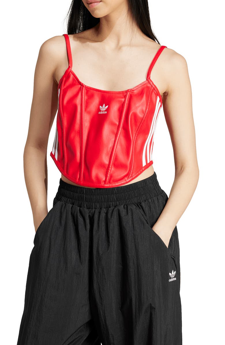 adidas Firebird Faux Leather Crop Corset Camisole, Main, color, 