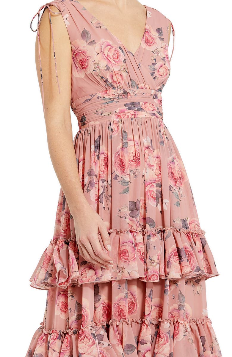 Mac Duggal Drawstring Shoulder Floral Chiffon Tiered Gown, Alternate, color, Pink Multi