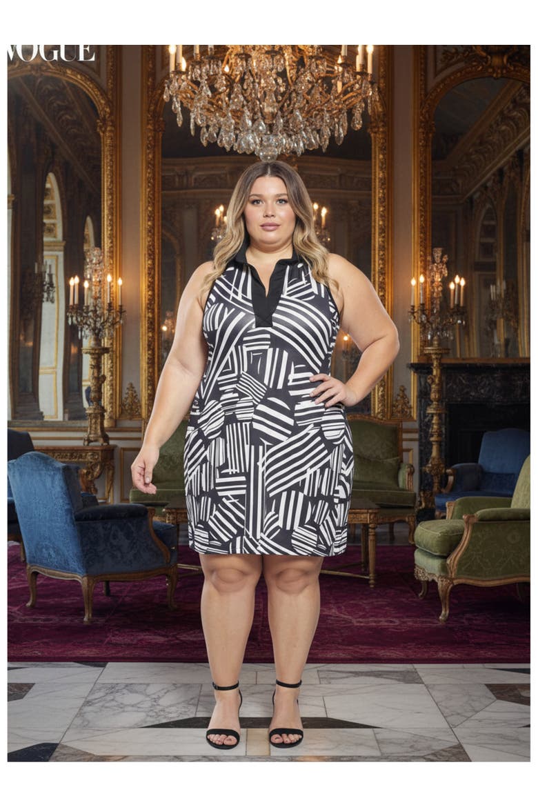 Plus Size Geometric Sleeveless CollaKnee Length A-Line Dress, Alternate, color, Black Multi