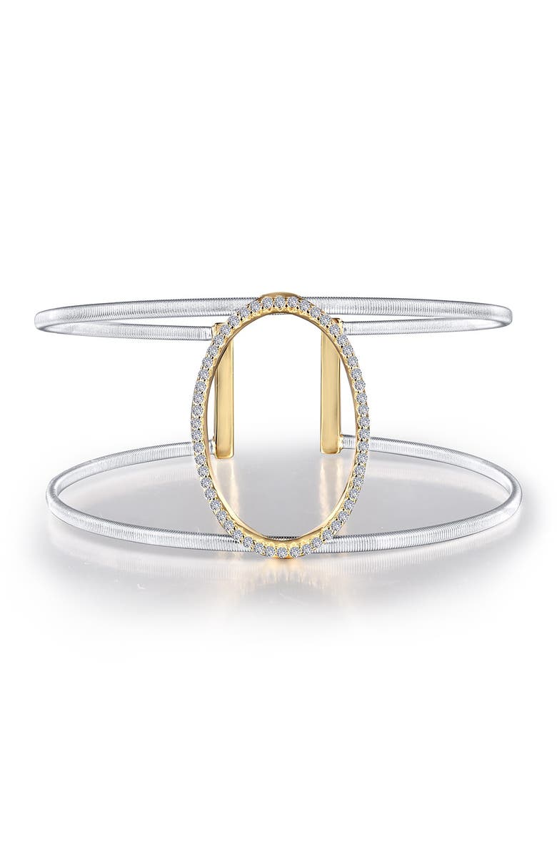 Lafonn Milano Platinum & Gold Plated Sterling Silver Pave Simulated Diamond Oval Open Cuff Bracelet, Main, color, 
