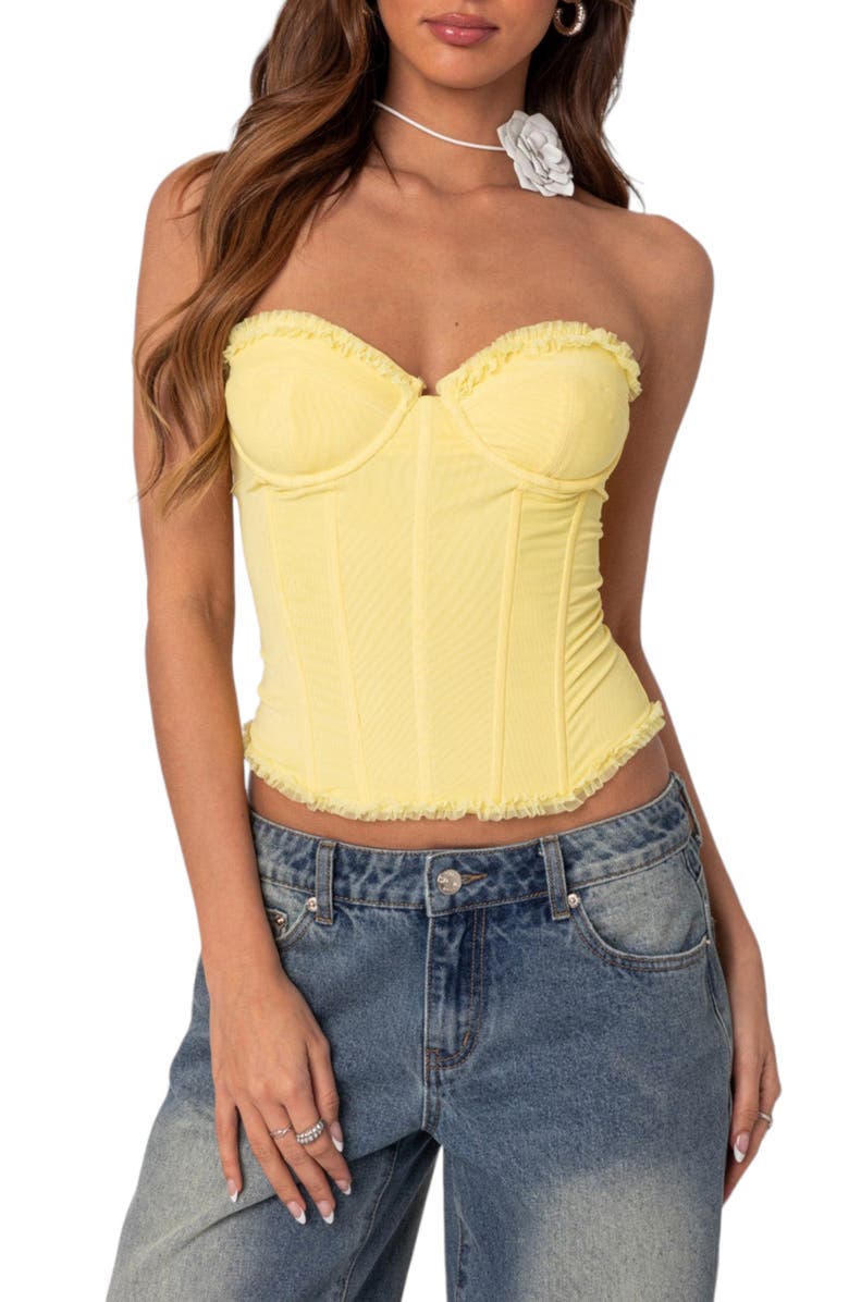 EDIKTED Deirdre Mesh Corset Top, Main, color, Yellow