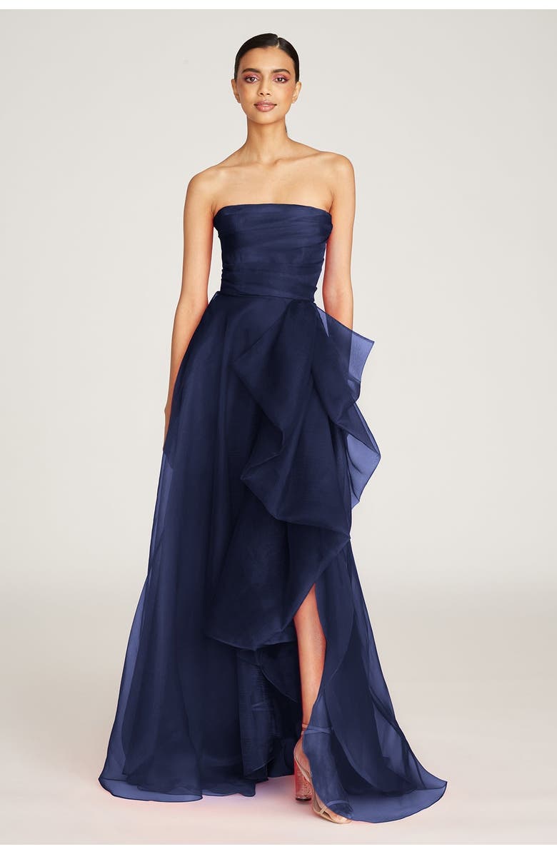 Theia Teresa Strapless Draped Gown, Alternate, color, Navy