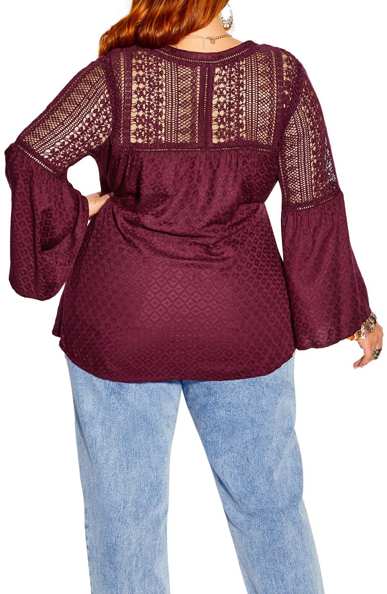 City Chic Sweet Dream Lace Trim Bell Sleeve Top, Alternate, color, 