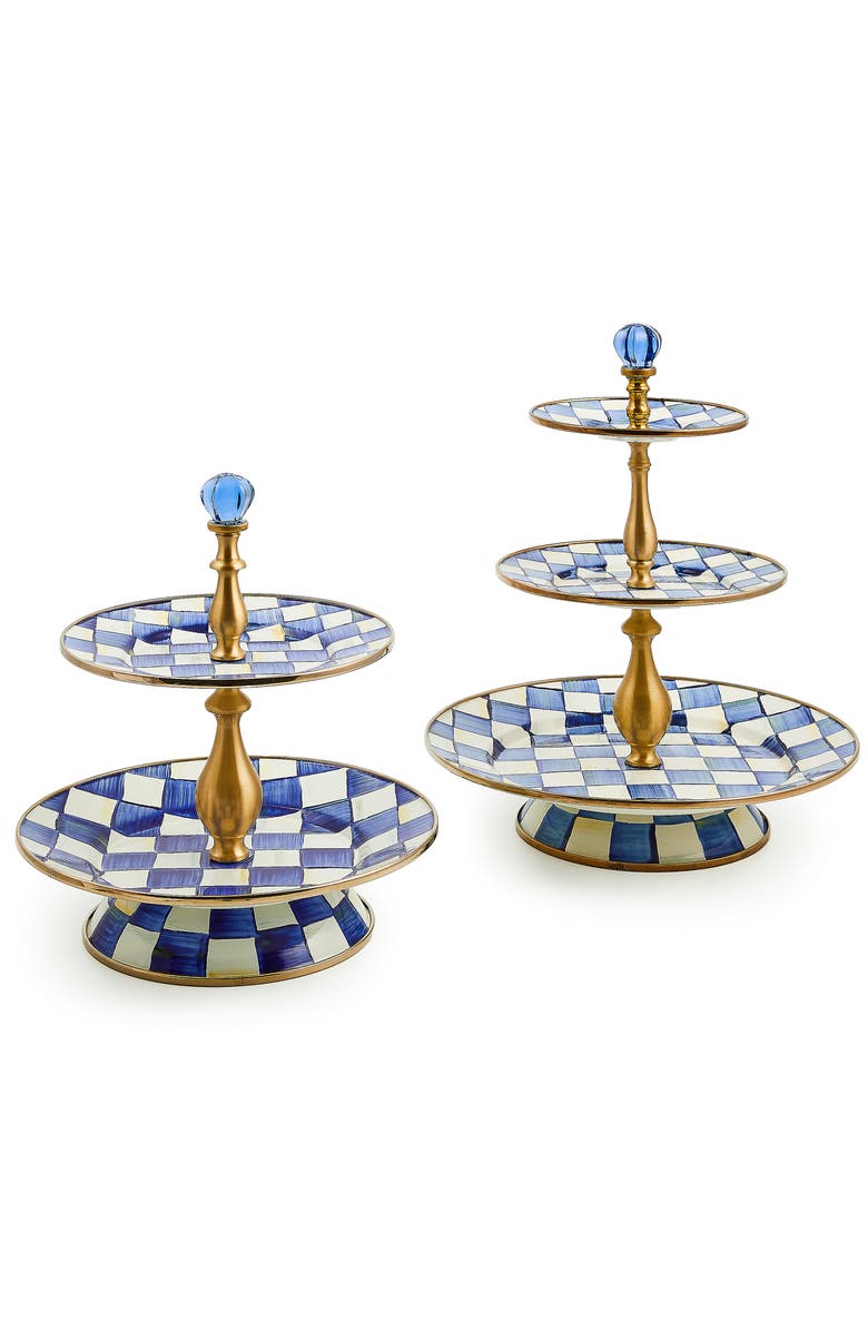 MACKENZIE CHILDS Royal Check Enameled Steel 2-Tier Sweet Stand, Alternate, color, Blue/ White