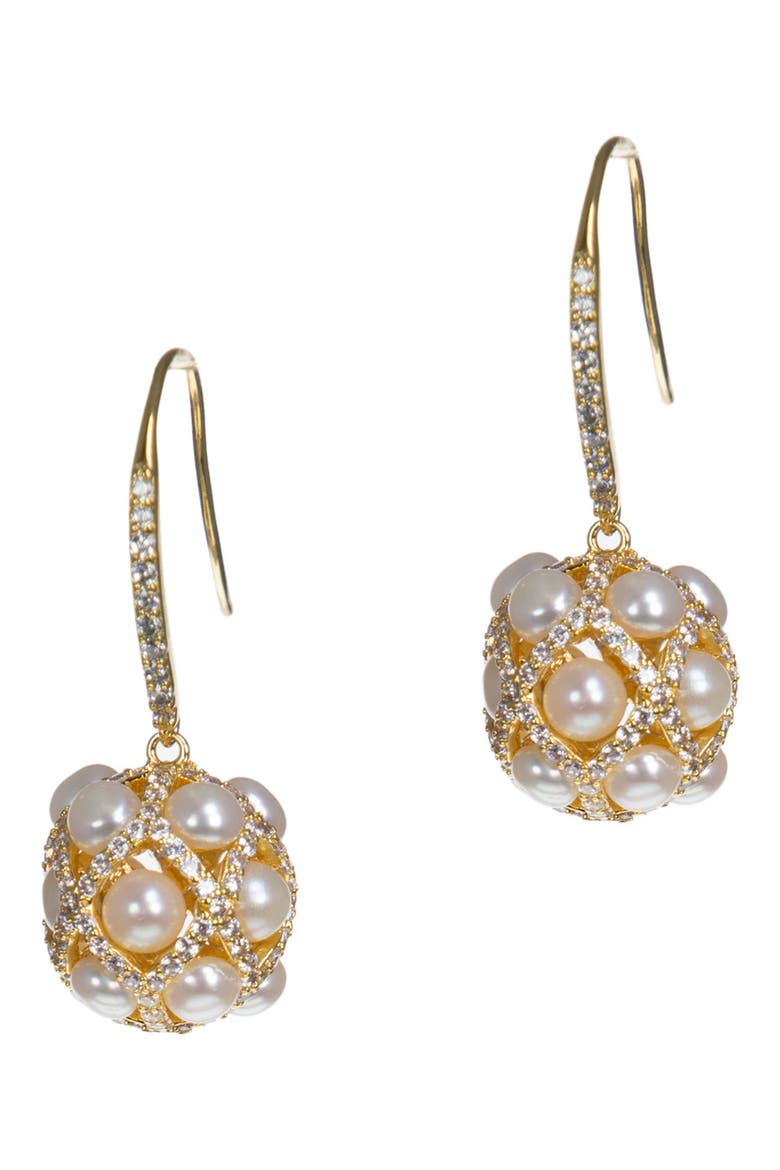 Cubic Zirconia & Freshwater Pearl Orb Drop Earrings, Main, color, WHITE-CLEAR-GOLD