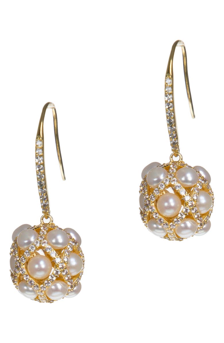 CZ by Kenneth Jay Lane Cubic Zirconia & Freshwater Pearl Orb Drop Earrings, Main, color, White-Clear-Gold