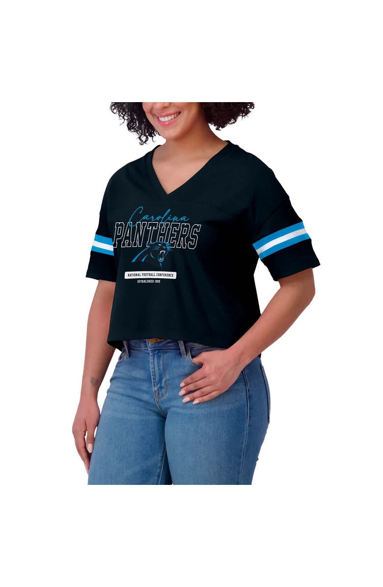 WEAR by Erin Andrews Women's WEAR by Erin Andrews Black Carolina Panthers Color Block Boxy Modest Crop V-Neck T-Shirt, Alternate, color, Black