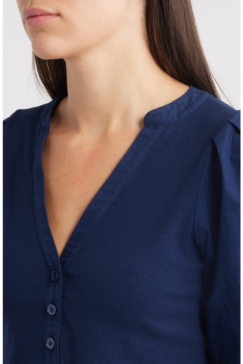 Puff-Sleeve Henley Knit Top, Alternate, color, MIDNIGHT NAVY