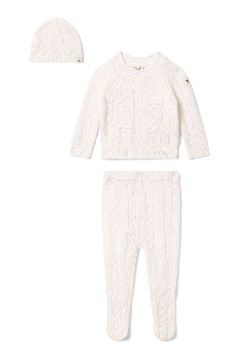 Braided Pointelle Knit 3 Piece Long Sleeve Top, Leggings and Hat Set, Main, color, White