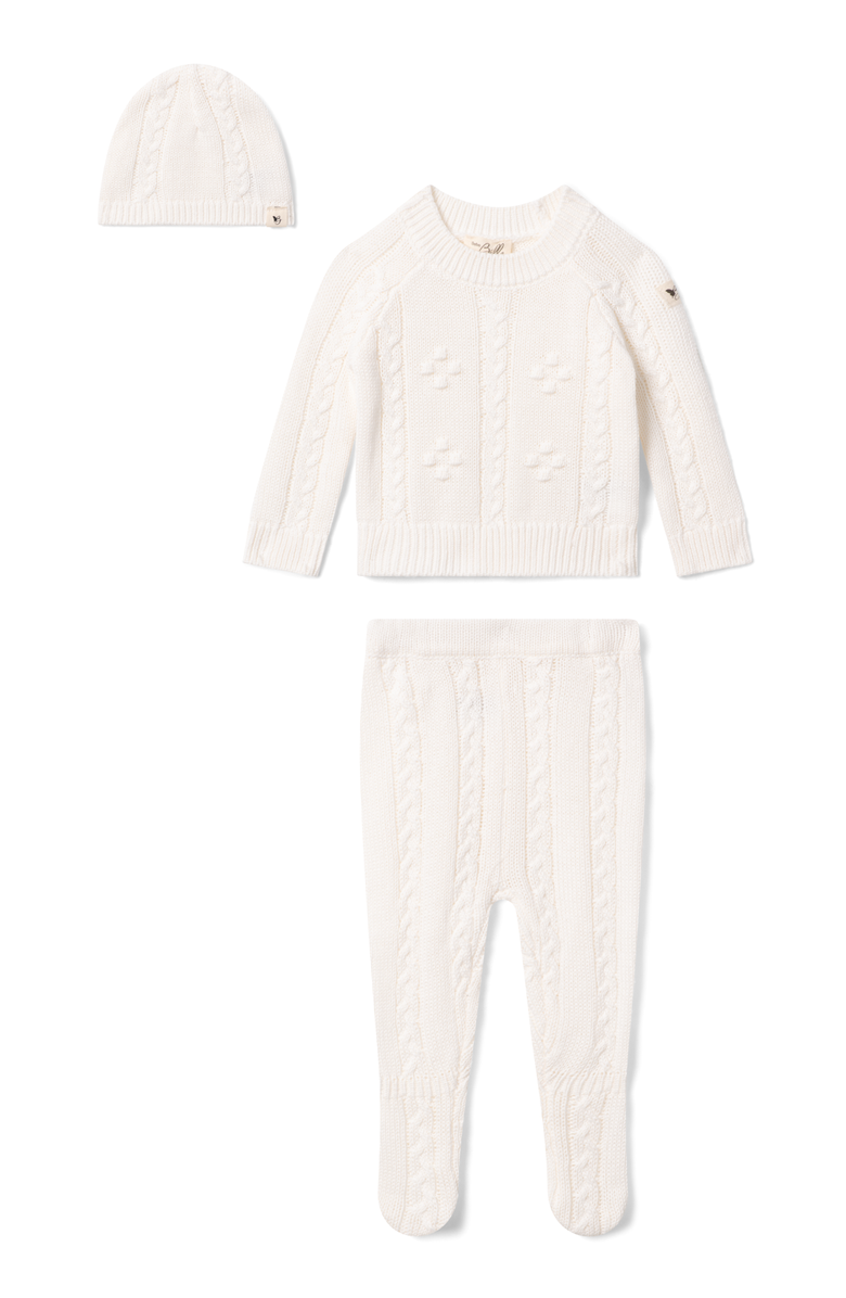 Bebe Bella Braided Pointelle Knit 3 Piece Long Sleeve Top, Leggings and Hat Set, Main, color, White