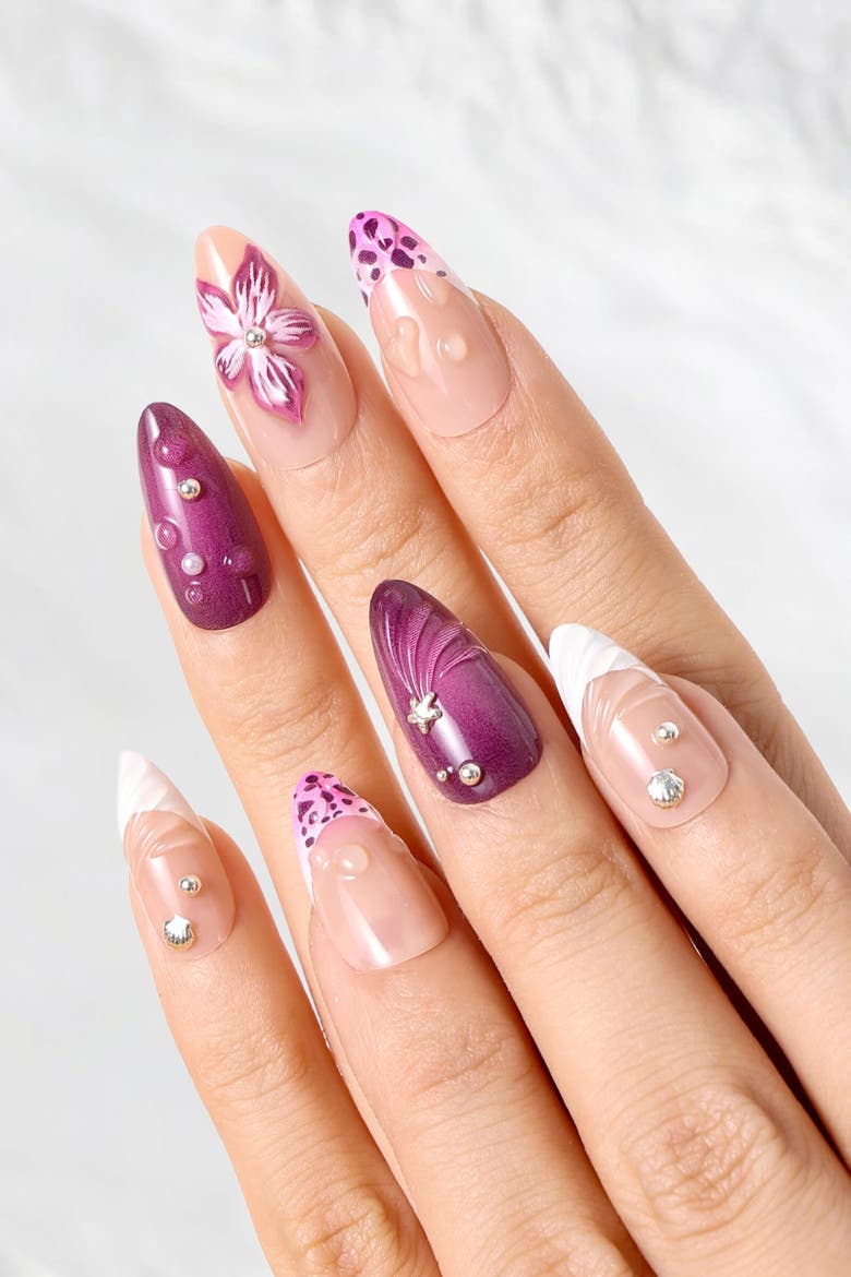 Island Girl Almond Press On Nails, Alternate, color, Pink