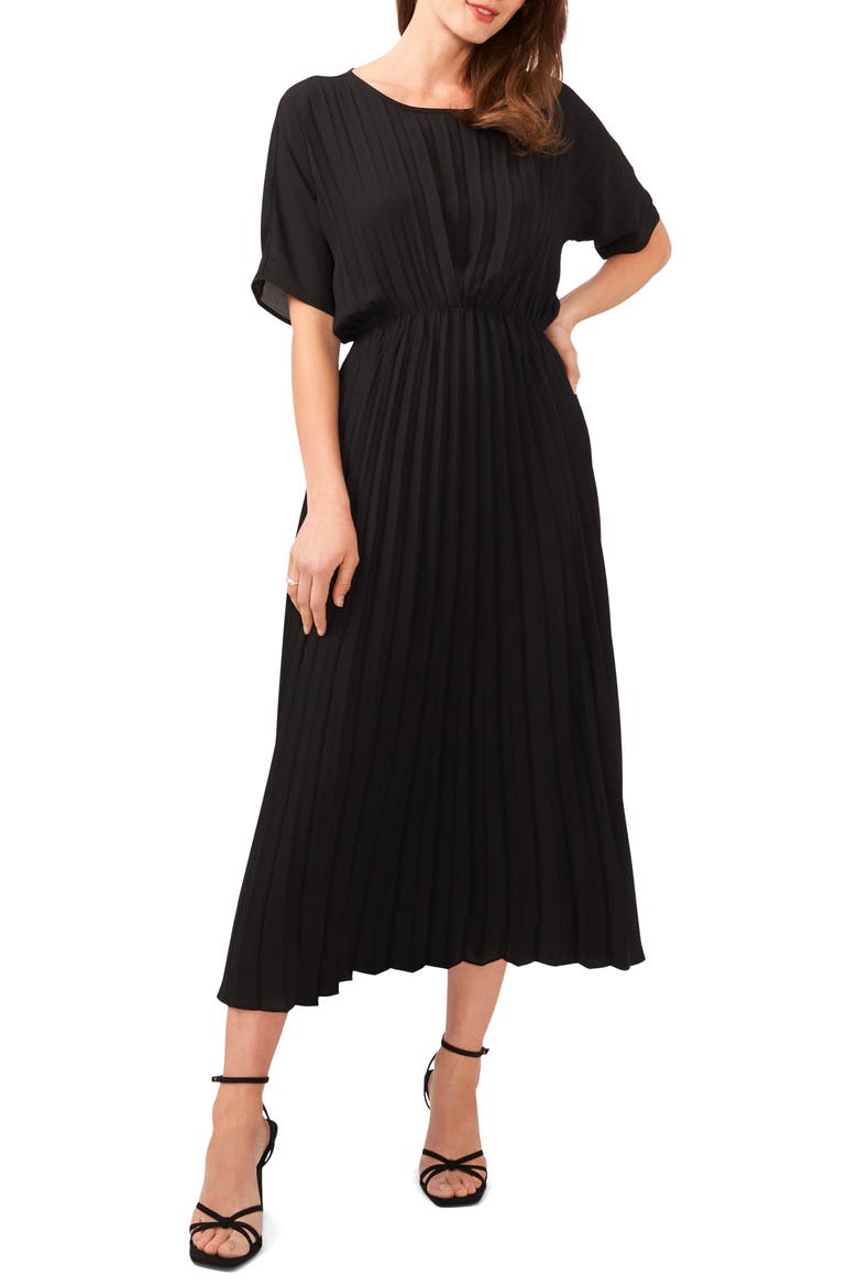 Pleated Midi Dress, Main, color, RICH BLACK