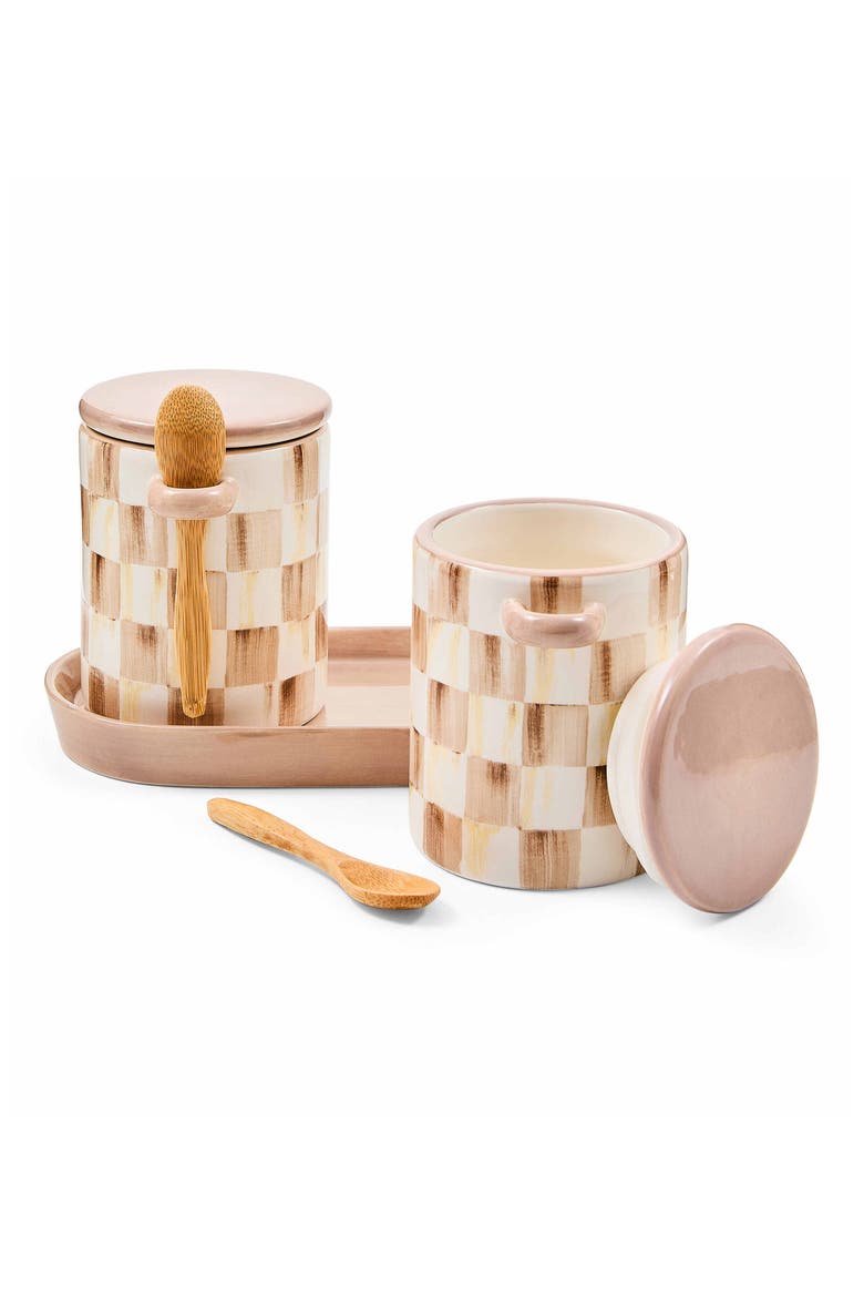 Mocha Check Farmhouse Set of 2 Canisters with Spoons, Alternate, color, MOCHA