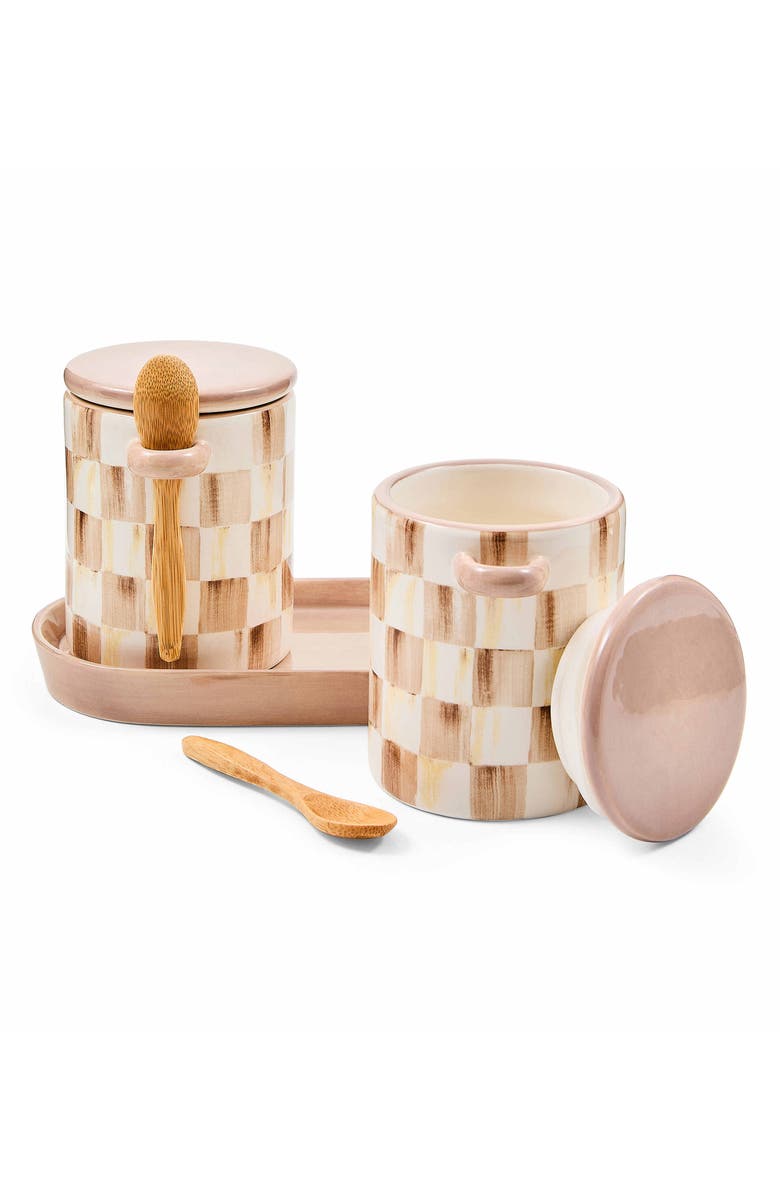 MACKENZIE CHILDS Mocha Check Farmhouse Set of 2 Canisters with Spoons, Alternate, color, Mocha