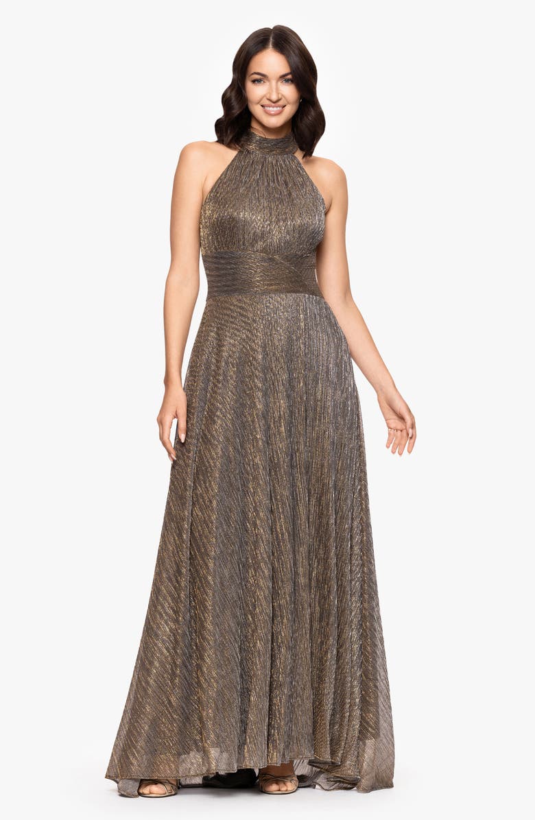 Betsy & Adam Halter Neck Sleeveless Crinkled Metallic A-Line Gown, Alternate, color, Mocha/ Gold