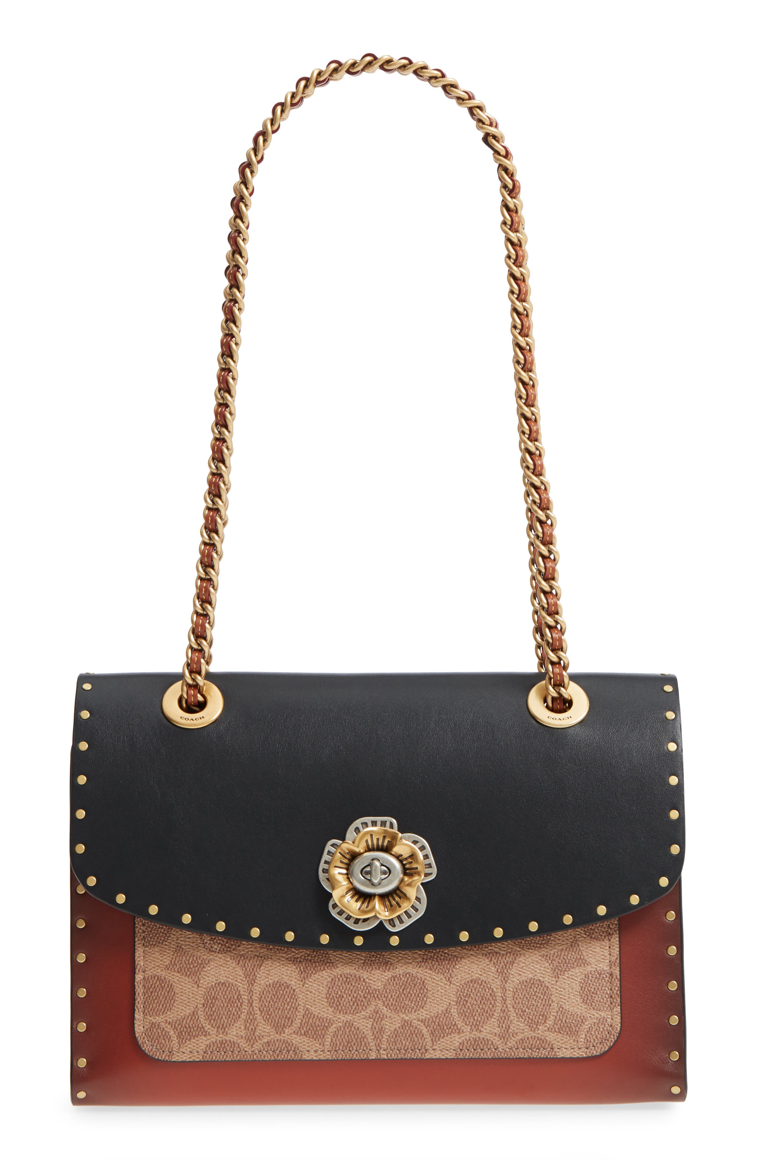 COACH Parker Leather & Genuine Snakeskin Shoulder Bag, Main, color, 