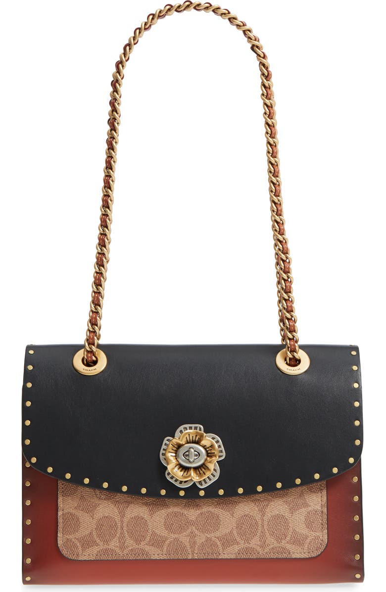 COACH Parker Leather & Genuine Snakeskin Shoulder Bag, Main, color,