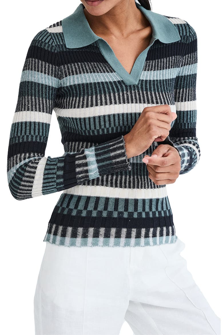 Luisa Stripe Rib Polo Sweater, Main, color, EUCALYPTUS