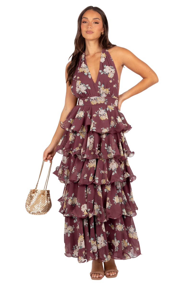 Petal & Pup Kendall Tiered Halter Neck Maxi Dress, Alternate, color, Dark Wine